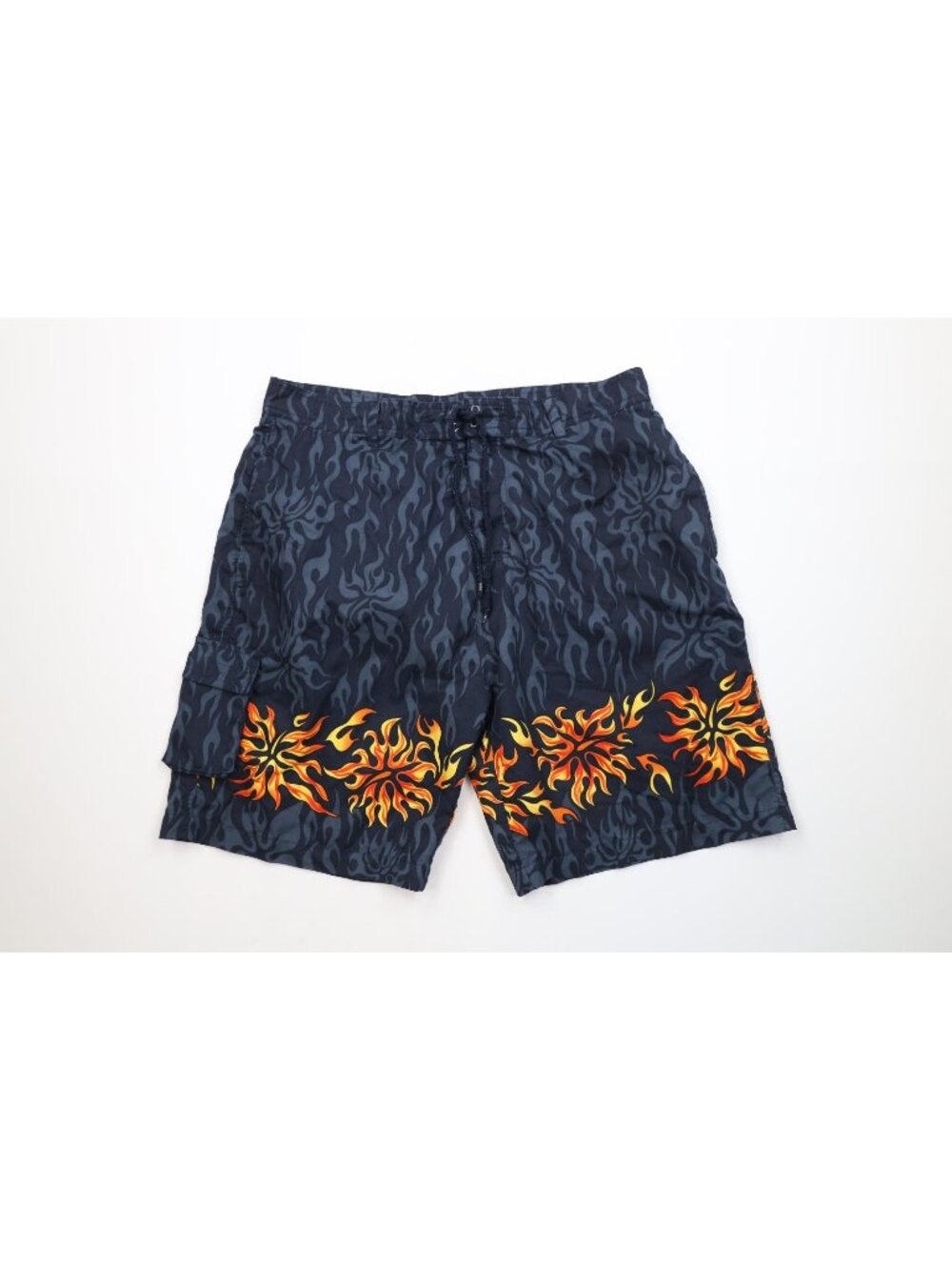 Vintage 90s Y2K Streetwear Mens XL Fire Flames Flower Lined Swim Trunks Shorts